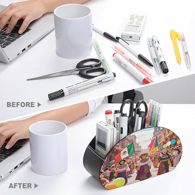 Colorful Mexico Remote Control Holder Organizer Box with 5 Compartment PU Leather Bedside Storage Caddy Remote Organizer for Controller Media Player Pen/Pencil Storage