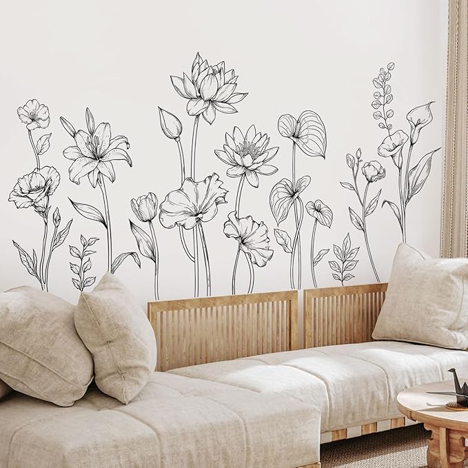 Large Black and White Flower Wall Decals Simple Modern Minimalist Garden Flower Wall Stickers Peel and Stick Floral Wall Art Decor for Girls Bedroom Living Room Office Adult Home Decor Gift for Mom