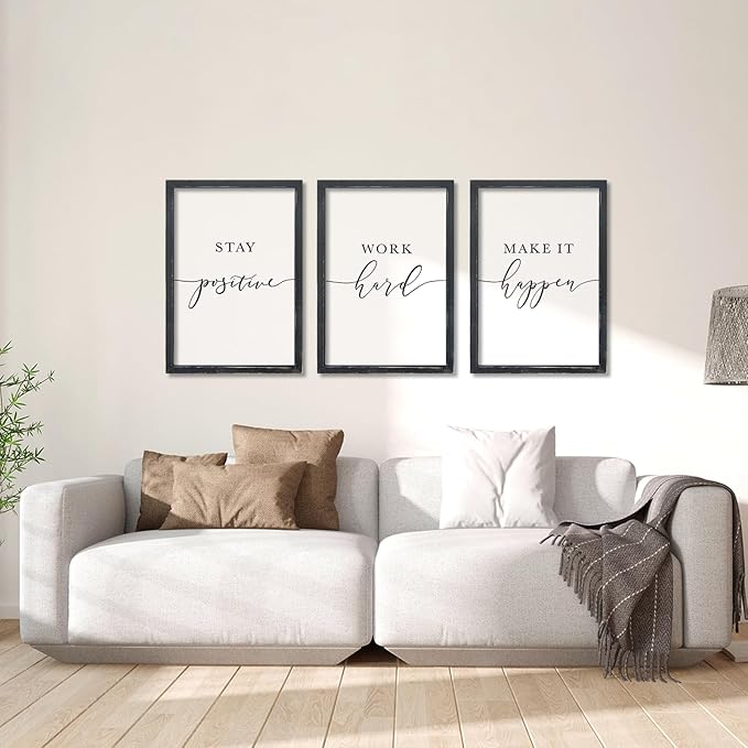 RLWangChao Inspirational Quotes Wall Art Decor 11"X16" 3 Piece Modren Office Stay Positive Work Hard Make It Happen Motivational Wood Framed Sign Living Room Positive Wall Hanging Decoration (Black)