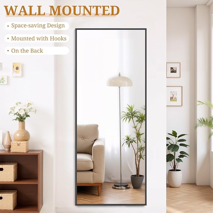 Full Length Mirror 65"x24" Full Body Mirror Rectangle Free Standing Wall Mounted Leaning Floor Mirrors with Stand Aluminum Alloy Frame for Bedroom Cloakroom, Black