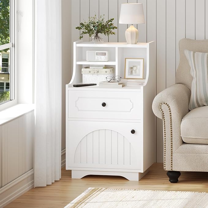 4ever2buy Modern Farmhouse Nightstand with Storage Hutch Engineered Wood Bedside Table with Drawer 30.31 inch Tall Night Stand End Table for Bedroom White