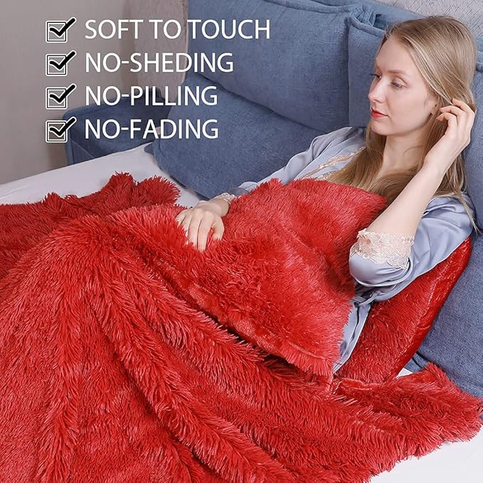 YUSOKI Long Faux Fur Twin Size Blanket,2 Layers,3.4lb for Bed Couch Home Décor Gifts Women (Red,60" x 80")