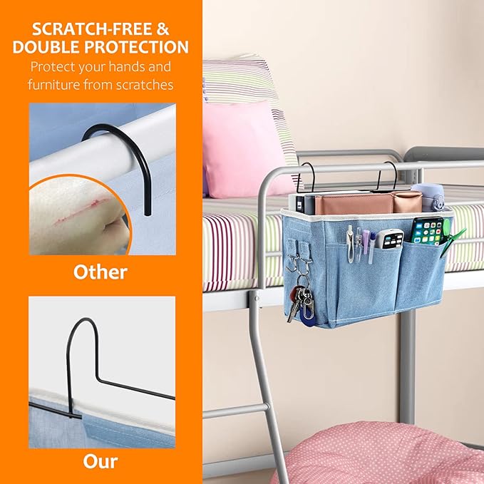 Surblue Bedside Caddy Bedside Storage Bag Hanging Organizer for Bunk, Hospital Beds, Dorm Rooms Bed Rails Camp 4 Pockets and 2 Hooks (Skyblue)