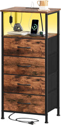 Somdot Tall Nightstand with Charging Station and LED Light for Bedroom, 4 Drawers Dresser with Fabric Bins for Bedside Kids Dorm Room Closet Laundry Entryway, Wood Grain Print
