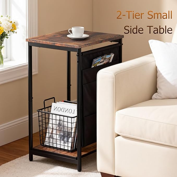 Small Narrow Side Table,Slim End Table with Storage Pockets for Small Spaces,Living Room,Bedroom,Sofa Couch,Office,Skinny Nightstands with 2 Tiers Open Storage,Rustic Brown
