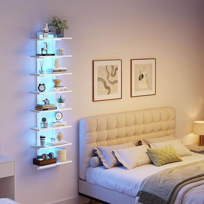 8 Tier Wall Shelf Unit with LED Light, White Floating Shelf, Vertical Display Shelf, Wall Decor for Bedroom, Living Room, Vanity, 15" W x 5.9" D x 58.3" H