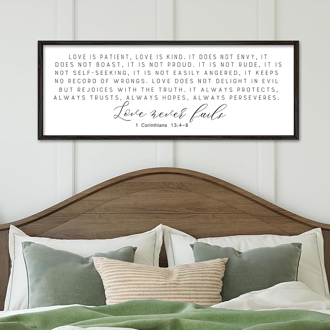 Love is Patient Wall Art Decor 40"×15" Love is Kind Bible Verse Sign 1 Corinthians 13 4-8 Scripture Quote Master Bedroom Above Bed Christian Couple Large Wood Framed Hanging (Black)