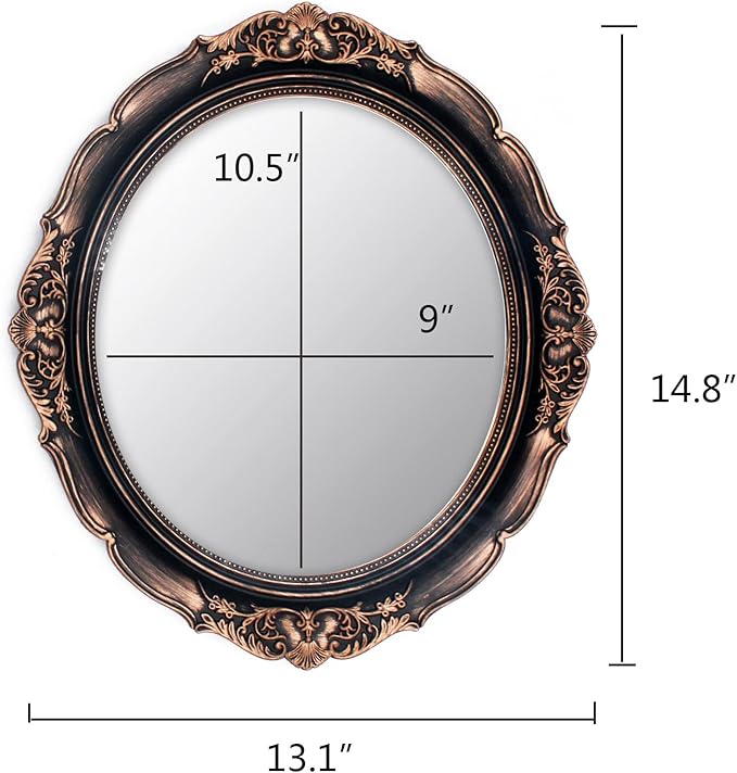 Eaoundm 13.1 x 14.8 inchs Decorative Wall Mirror,Vintage Hanging Mirrors for Bedroom Living-Room Dresser Decor Oval (Vintage Gold 2 Pcs) Plastic Frame