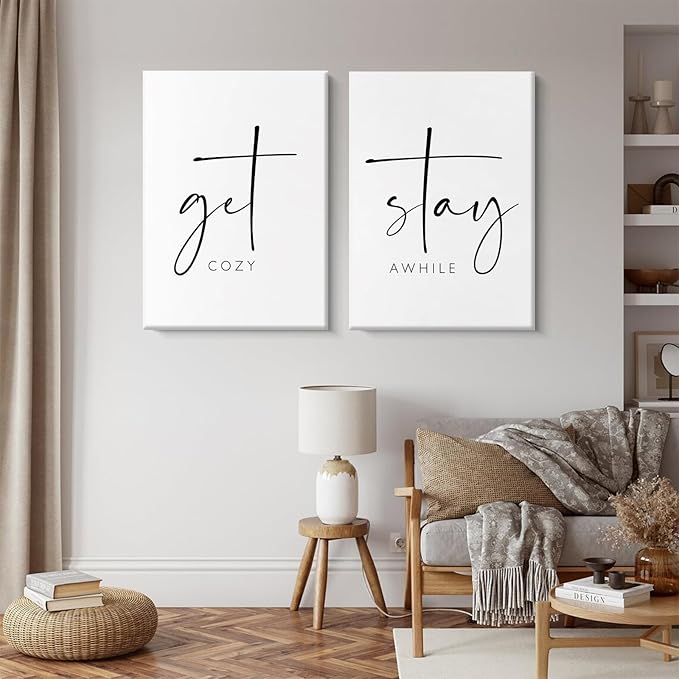 Pennclys Get Cozy Wall Art Decor Stay Awhile Sign Canvas Above Bed Wall Art Guest Bedroom Decor Lets Stay in Bed Pictures Modern Painting Artwork for Living Room Guest Room 16x24x2 Inch Ready to Hang