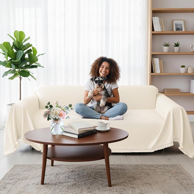 Smiry Couch Cover for Dogs, Washable Chenille Sofa Covers for 3 Cushion Couch, Soft Sofa Slipcover for Pets, Thick Sectional Furniture Protector with Tassels (Beige, 71x150 Inch)