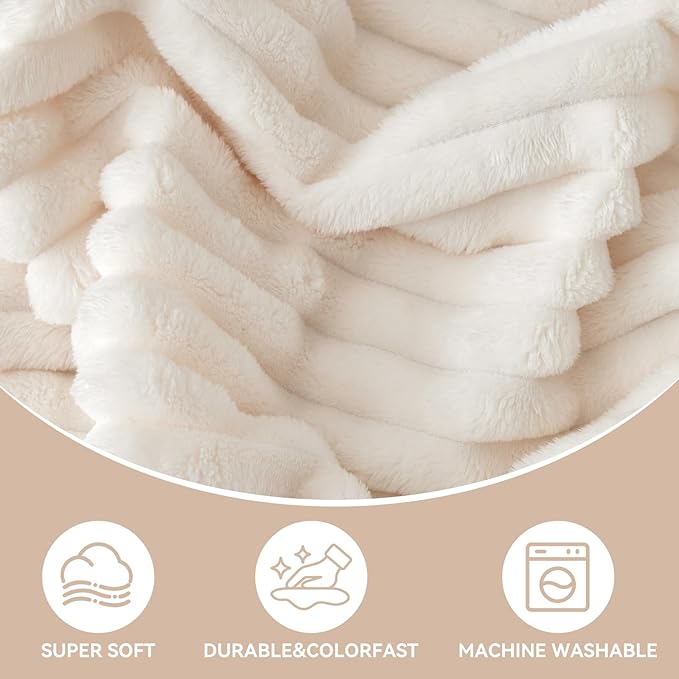 Nookly Cream Twin Size Fleece Blanket, Soft Lightweight Ribbed Plush Bed Blanket, Cozy All-Season Striped Fleece Twin Throw for Bedroom and Home, 60x80 Inches