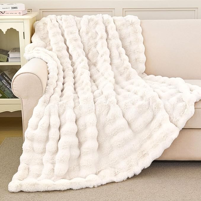 Faux Rabbit Fur Throw Blanket for Couch, Fluffy Warm Plush Thick Bubble Blanket for Bed Sofa Living Room, Soft Cozy Furry Blanket, 60x80 inches, Cream White