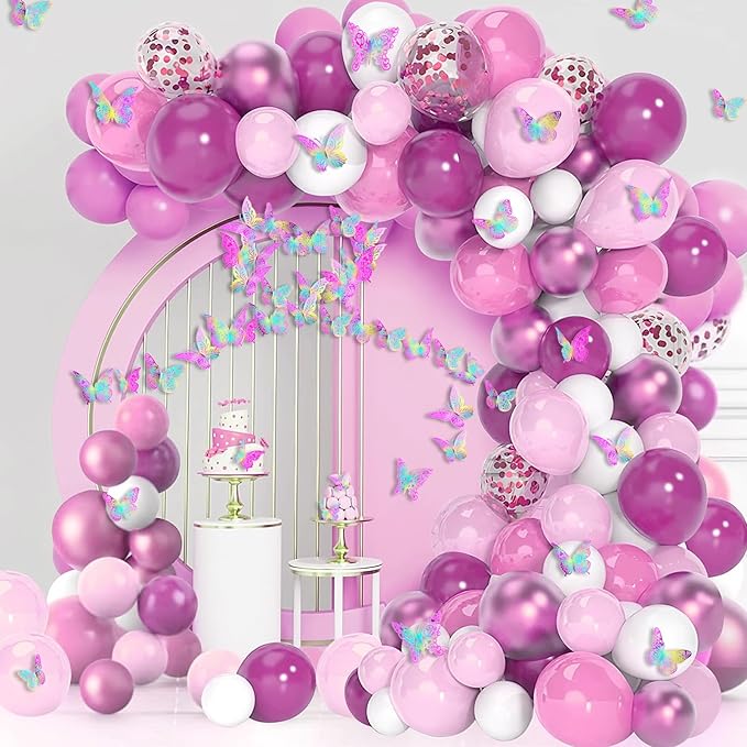 3D Butterfly Wall Decor 3 Sizes 4 Styles Butterfly Party Decorations Cake Decorations Removable Stickers Wall Decor Room Mural Metallic (Laser Pink Purple, 48Pcs)