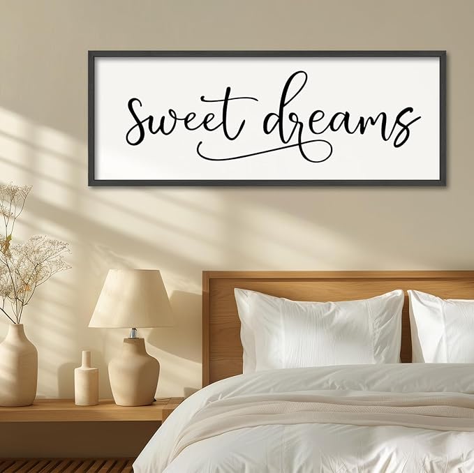 YWJKWLGS Sweet Dreams Wall Decor Sign 40x15 Inch Handwritten Art for Bedroom & Kids Room 40x15 Inch Above Over Bed Rustic Modern Farmhouse Large Wooden Framed Wall Hanging Art (Black)