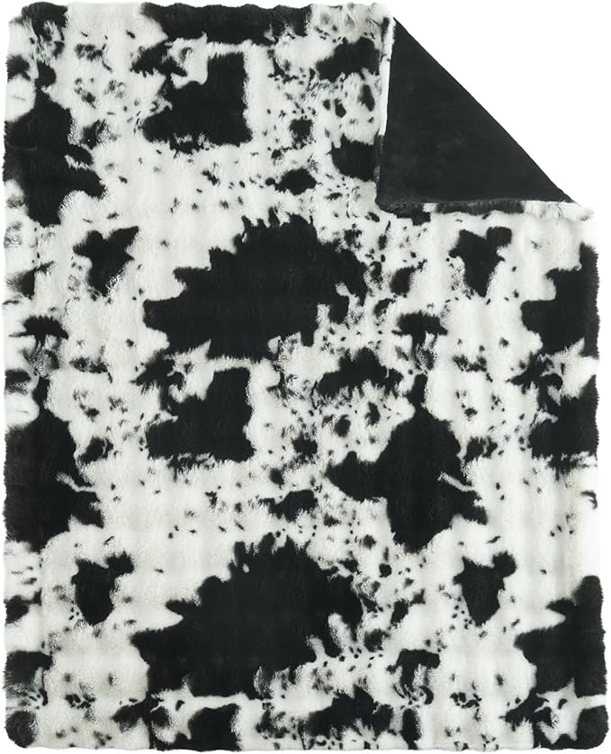 Lotus Karen Faux Fur Throw Blanket Cow Print-Black, Fluffy Fuzzy Plush Bubble Blanket for Couch, 90x90 InchesCozy Shaggy Rabbit Blanket, Luxury Decorative Gifts for Sofa Bedroom Living Room.