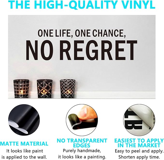Motivational Wall Decals for Living Room: Inspirational Quotes Office Gym School Classroom Garage Bedroom Vinyl Art Wall Stickers - One Life One Chance No Regret 35" X 9"