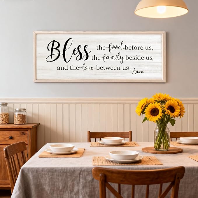 Bless the Food Before Us, the Family Beside Us, and the Love between us Framed Wall Art for Dining Room, 40''×15'' Holy Positive Religious Rustic Bible Verse for Christian God Jesus Christ Prayer