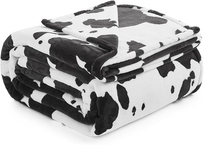 Cozy Bliss Cow Print Throw Blanket for Bed - Super Fuzzy Thick Soft Warm Fleece Blankets for Couch & Room Décor, for Women Men Girls Kids, Black & White Queen Size 90"*90"