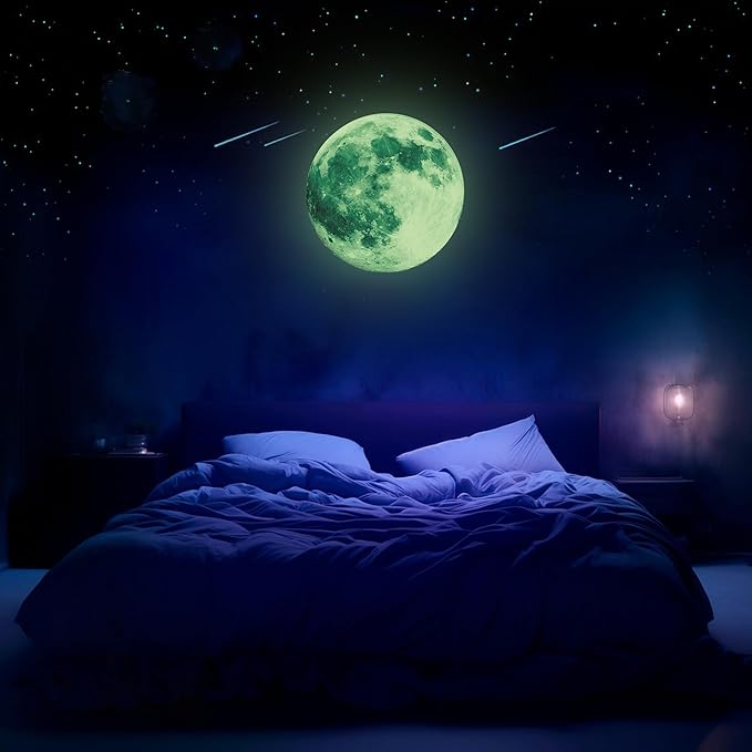 Glow in The Dark Moon Wall Decals, Ceiling Moon, Galaxy Stickers, Realistic Starry Night (Green)
