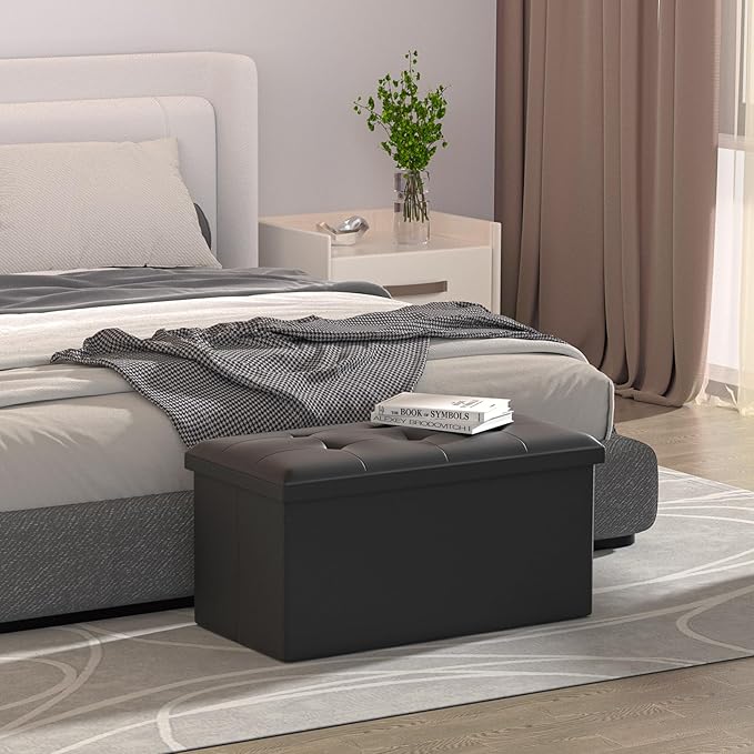 MoNiBloom 30 Inch Storage Ottoman Bench, 24 Gal. Folding Ottoman Footrest, End of Bed Bench, Rectangle Foot Stool, Supports 600 lbs, for Bedroom, Living Room, Entryway, Hallway, Black