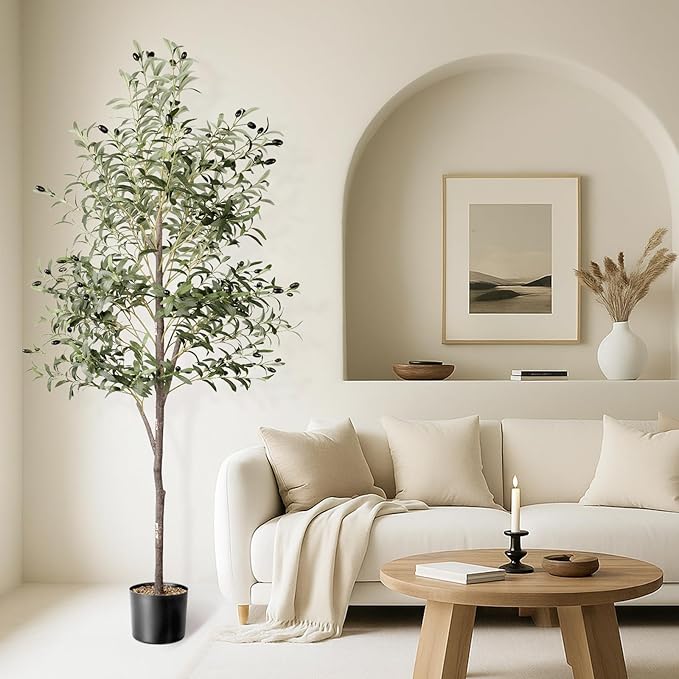 Waterproof Artificial Olive Tree, 5.5 FT Tall Faux Olive Tree for Home Indoor Decor, Floor Plant with Textured Leaves Fruits, Realistic Wood-Grain Trunk, Fake Plant for Living Room Bedroom Office