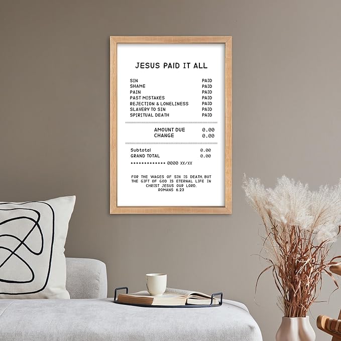 YWMZYKJGS Romans 6:23 Wall Art 16"×11" Jesus Paid It All Wall Decor Scripture Bible Verse Sign Gospel Tracts Religious Salvation Modern Funny Wood Framed Hanging (Wood)