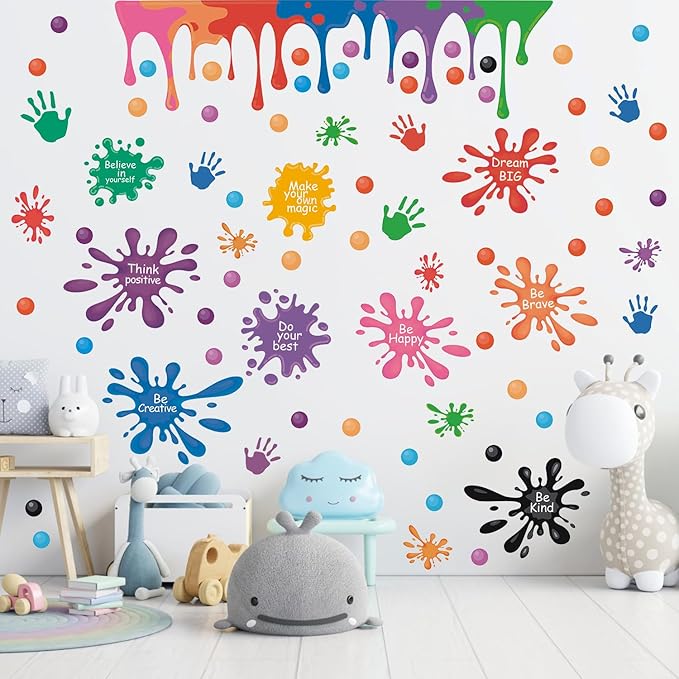 HLNIUC Large Size Inspirational Wall Decals 46PCS Positive Affirmation Ink Splatter Splotches Wall Sticker Growth Mindset Wall Decal Motivational Saying Peel and Stick Wall Stickers for Kid Playroom