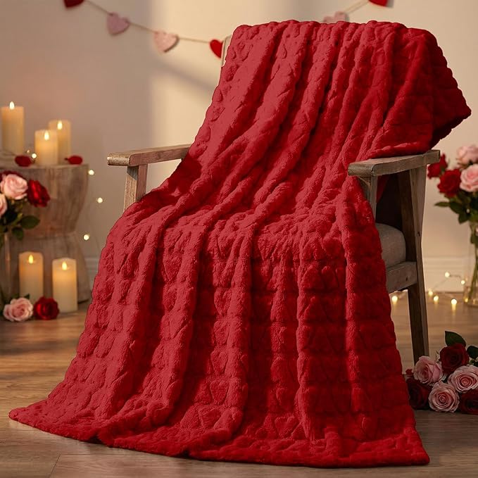 Horaldaily Valentine Blanket Throw, Red Cute Love Heart Soft Fuzzy Plush Faux Fur Cozy Blankets for Couch Sofa Bed Lounging, Ideal Gifts for Kids Adults Wife Self, 50x60
