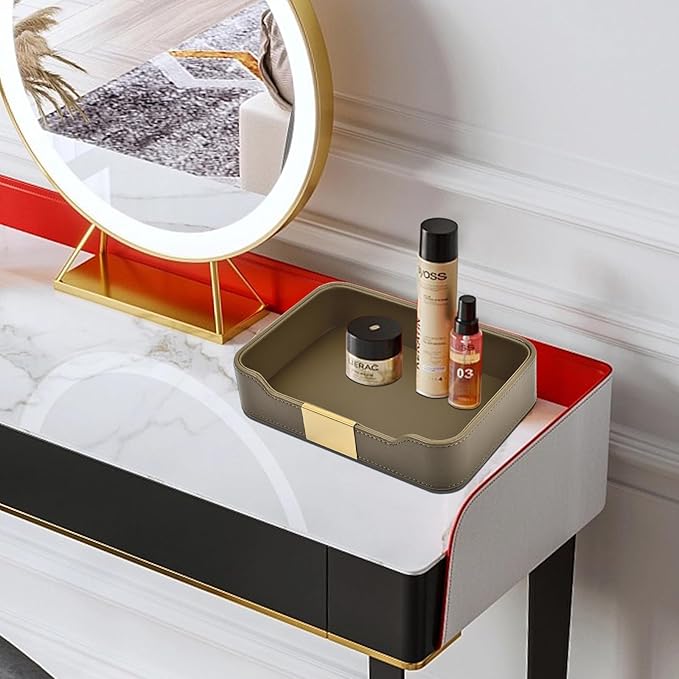 Luxury Leather Valet Tray Desktop Storage Organizer,Bedside Vanity Catchall Tray Nightstand Caddy Holder for Cosmetic,Jewelry,Watch,Keys,Phone,Wallet,Remote Controller,Pen,Olive Green