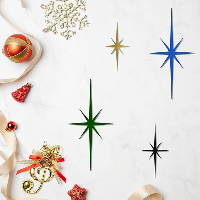 sxnzequnze 4 Pack Metal Star Wall Art 8 Pointed Starburst Wall Decor Set with 2 Large & 2 Small Pieces Mid Century Celestial Metal Wall Sculpture for Bedroom Living Room Office Gallery Wall
