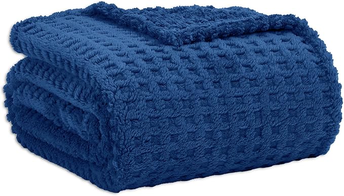 Soft Cozy Fuzzy Fleece Throw Blanket, Waffle Navy Blue, 50x60 Inches – Lightweight, Fluffy, and Warm 3D Jacquard All-Season Blanket for Couch, Bed, Sofa, Home Decor, Camping, and Travel
