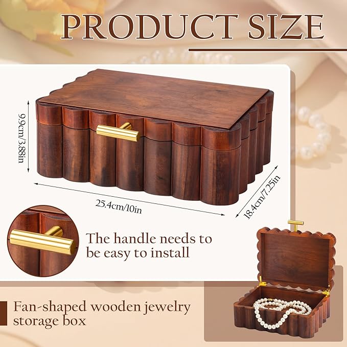 Nosiny Scalloped Wooden Jewelry Box Trinket Organizer with Lid Fan Shaped Decorative Storage Box for Keepsake, Rings, Earrings, Photos, Home Nightstand Dresser Display, 7.25 x 10 x 3.88 Inches