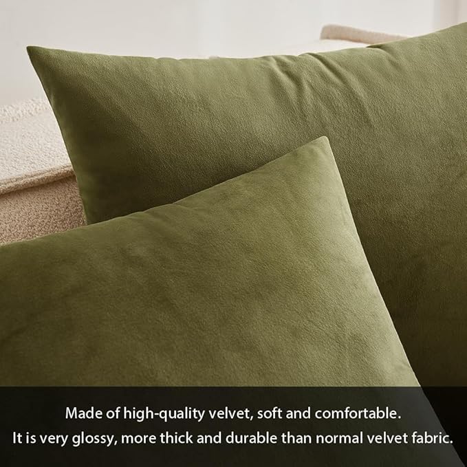 MIULEE 24x24 Inch Euro Sham Velvet Pillow Covers, Set of 2 Large Square Decorative Pillows -Olive Green Super Soft for King Bed, Sofa, Couch, Accent Chairs with Hidden Zipper