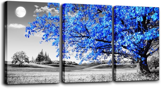 Wall Art For Living Room black and white Blue tree moon Canvas Wall Decor for Home artwork huge Painting 16" x 24" 3 Pieces Canvas Print For bedroom Decor Modern Salon kitchen office Hang a picture
