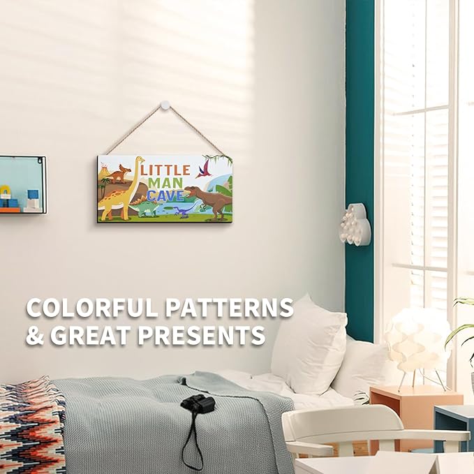 ZIEYOMI- Little Man Cave Sign Boys Room Decor, Dinosaur Theme Bedroom Decor Hanging Wall Art, Wooden Plaque Decorations for Nursery Boys Kids Toddler Playroom Living Room