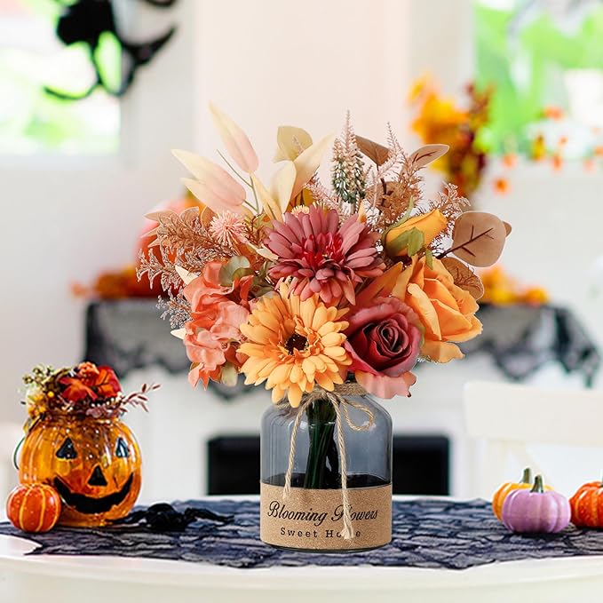 Leftover Fake Fall Flowers in Vase,Artificial Flowers with Vase,Centerpiece Table Decorations,Fall Centerpieces for Tables,Fall Kitchen Decor,Fall Flower Arrangements,Home Decor Living Room