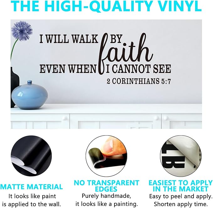 Christian Wall Decals for Living Room: Bible Verse Quotes Inspirational Bedroom Vinyl Art Wall Stickers - I Will Walk by Faith 32" X 12.5"