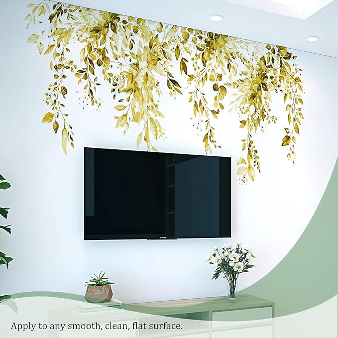 Yellow Plants Leaves Wall Decals Peel and Stick, Large Floral Flowers Vinyl Wall Stickers, Removable Vine Home Decor Art for Bedroom Living Room Classroom Office