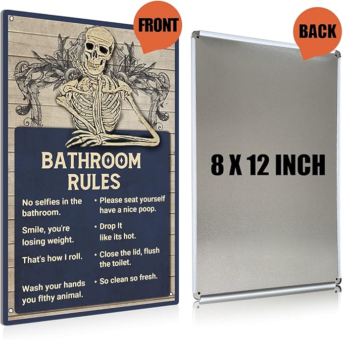 BEASTZHENG Funny Skull Bathroom Rules Metal Tin Sign Wall Decor - Vintage Bathroom Quote Tin Sign for Toilet Restroom Washroom Home Decor Gifts