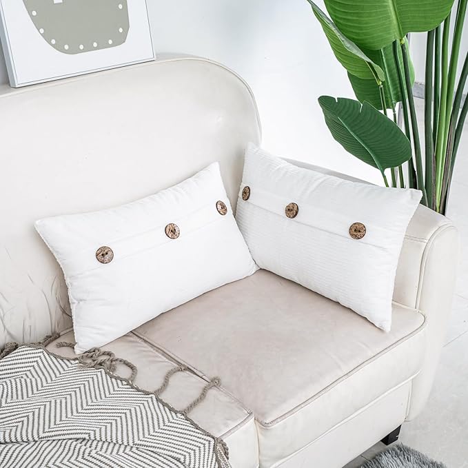 HWY 50 White Chenille Throw Pillow Covers 12x20 Inch with Triple Buttons, Soft Farmhouse Accent Decorative Cushion Cases for Couch Sofa Bed Living Room Pack of 2 Rectangle