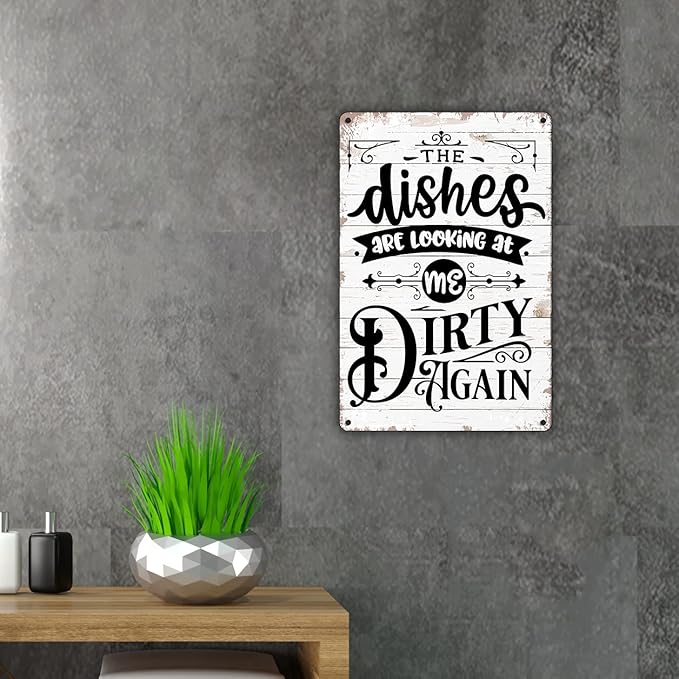 QIONGQI Funny Kitchen Quote The Dishes are Looking at Me Dirty Again Metal Tin Sign Wall Decor Rustic Kitchen Signs with Sayings for Home Kitchen Decor Gifts