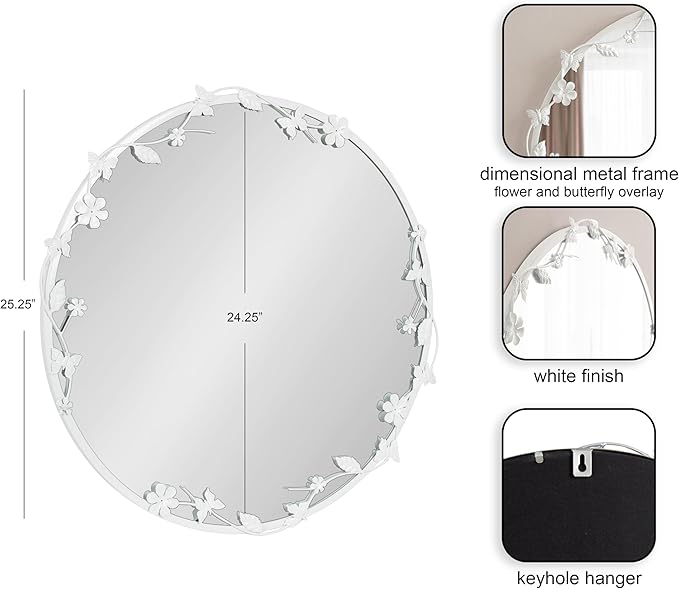Kate and Laurel Rosella Modern Ornate Round Wall Mirror, 26 Inch Diameter, White, Circle Mirror with Floral Detailing for Use as Bathroom Mirror for Over Sink or Cute Kids Room Decor