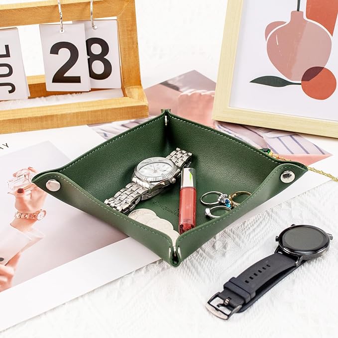 SANQIANWAN PU Leather Arc Edge Jewelry Valet Tray for Man and Women, Portable Mini Entryway Table Tray Bedside Nightstand Desk Tray Small Travel Dish Plate for Key,Wallet,Watch,Coin (DarkGreen)