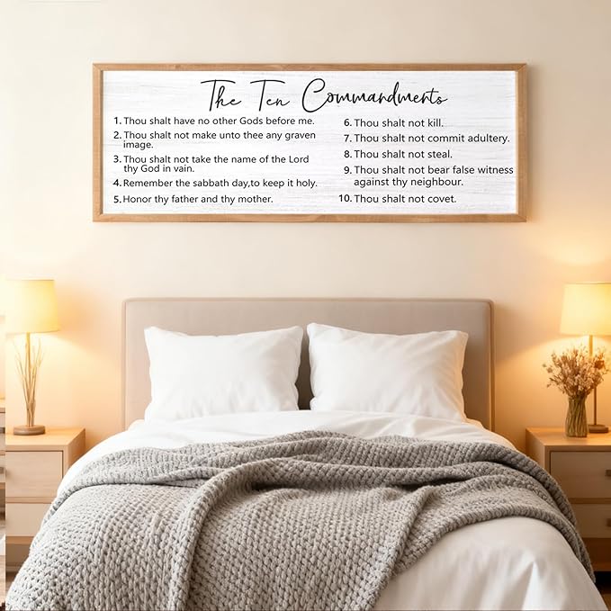 The Ten Commandments Wall Decor, 40x15 inch Rustic Bible Verse Wall Art, Christian Religious Scripture Print, Farmhouse Style Framed Wall Hanging Christian Gifts for Family Home, Natural