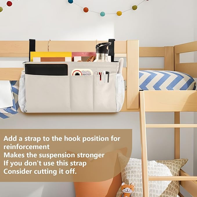 DOMIKING Beige Bedside Caddy for Dorm Bed Recliner Armrest Organizer with Hooks Haning Holders for Phone Magazine Tablet