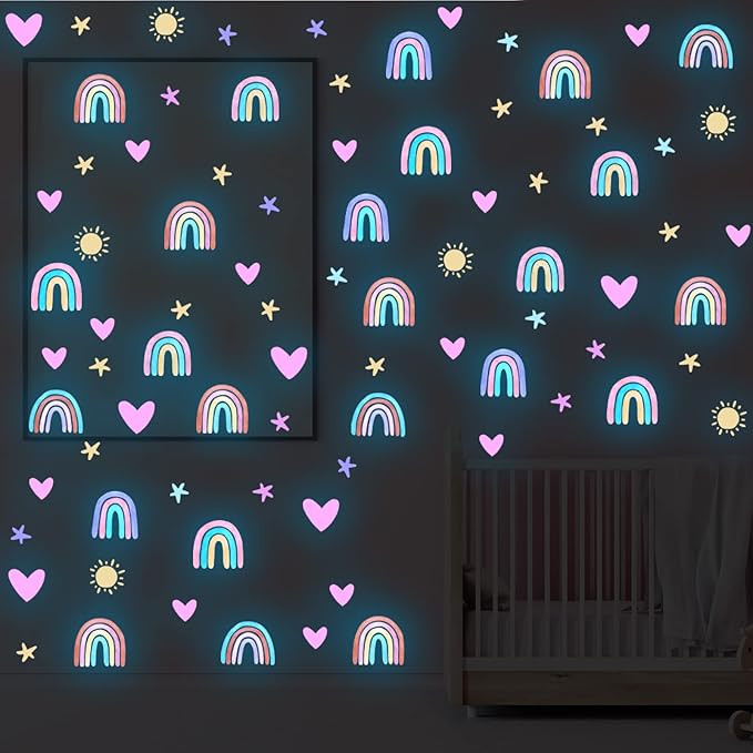 Epakh Rainbow Wall Decor Stickers Small Rainbow Decal Watercolor Heart Star Sun Wall Stickers Decor for Girls Boys Baby Bedroom Nursery(Luminous Blue)