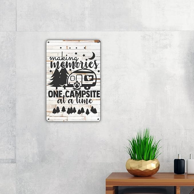 QIONGQI Funny Making Memories One Campsite at a Time Metal Tin Sign Wall Decor Farmhouse Rustic Camping Signs for Home Garage Men Cave Yard Decor Camper Gifts (Wooden Style)