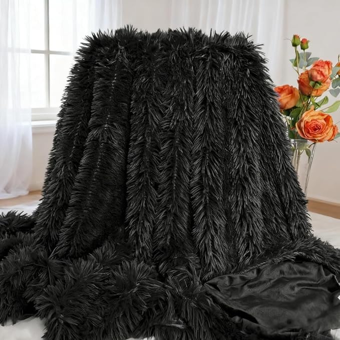 Plush Super Soft Blanket Bedding Sofa Cover Furry Fuzzy Fur Warm Throw Qulit Cozy Couch Blanket for Winter (63"x79", Black)