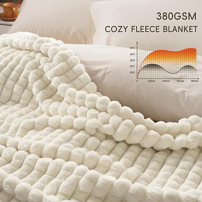 PHF Luxury Soft Fleece Blanket Queen Size, No Shed No Pilling, 380GSM Fluffy Cozy Throw Blankets for Bed, 90"x90", Lightweight Warm Bedding for Home Decor, Ideal Gift for Women, Cream