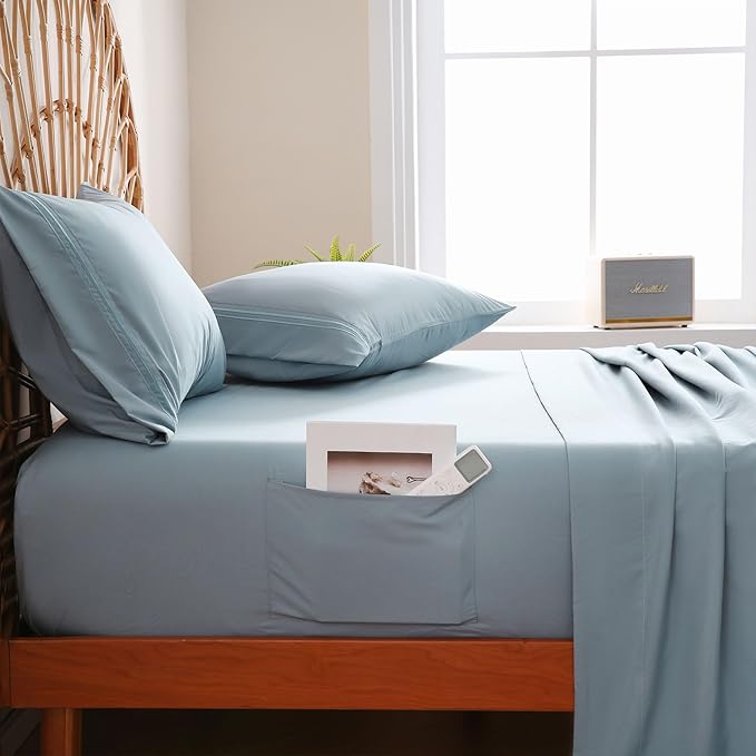JSD Blue Twin Sheet Set with Side Pocket Corner Straps, 3 Piece Soft Kids Microfiber Bed Sheets Extra Deep Pocket